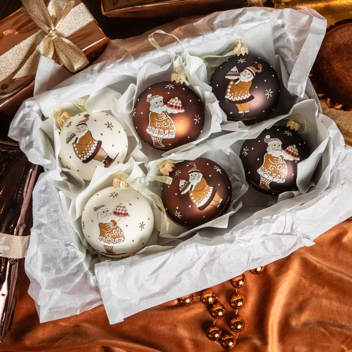 Lot de 6 boules de Noël en verre (D80 mm) Père Noël Gourmand