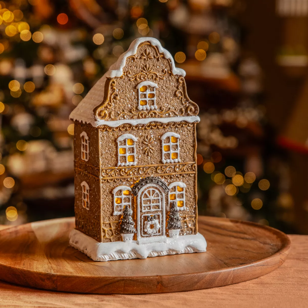 eminza Maison de Noël illuminée à piles (H20 cm) Biscuit Pain d'épices