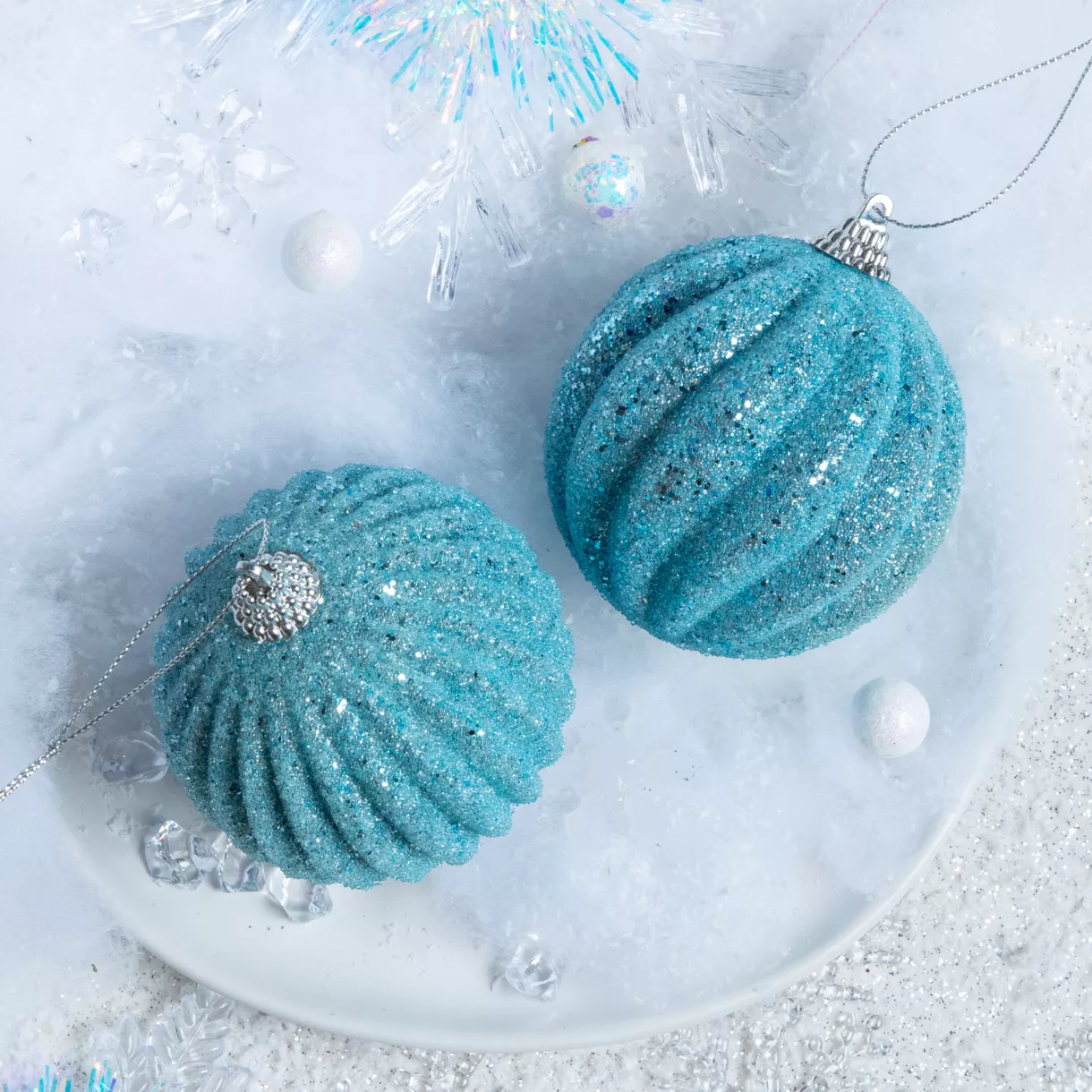 Lote de 12 bolas de Navidad (D80 mm) Chispa Azul glaciar