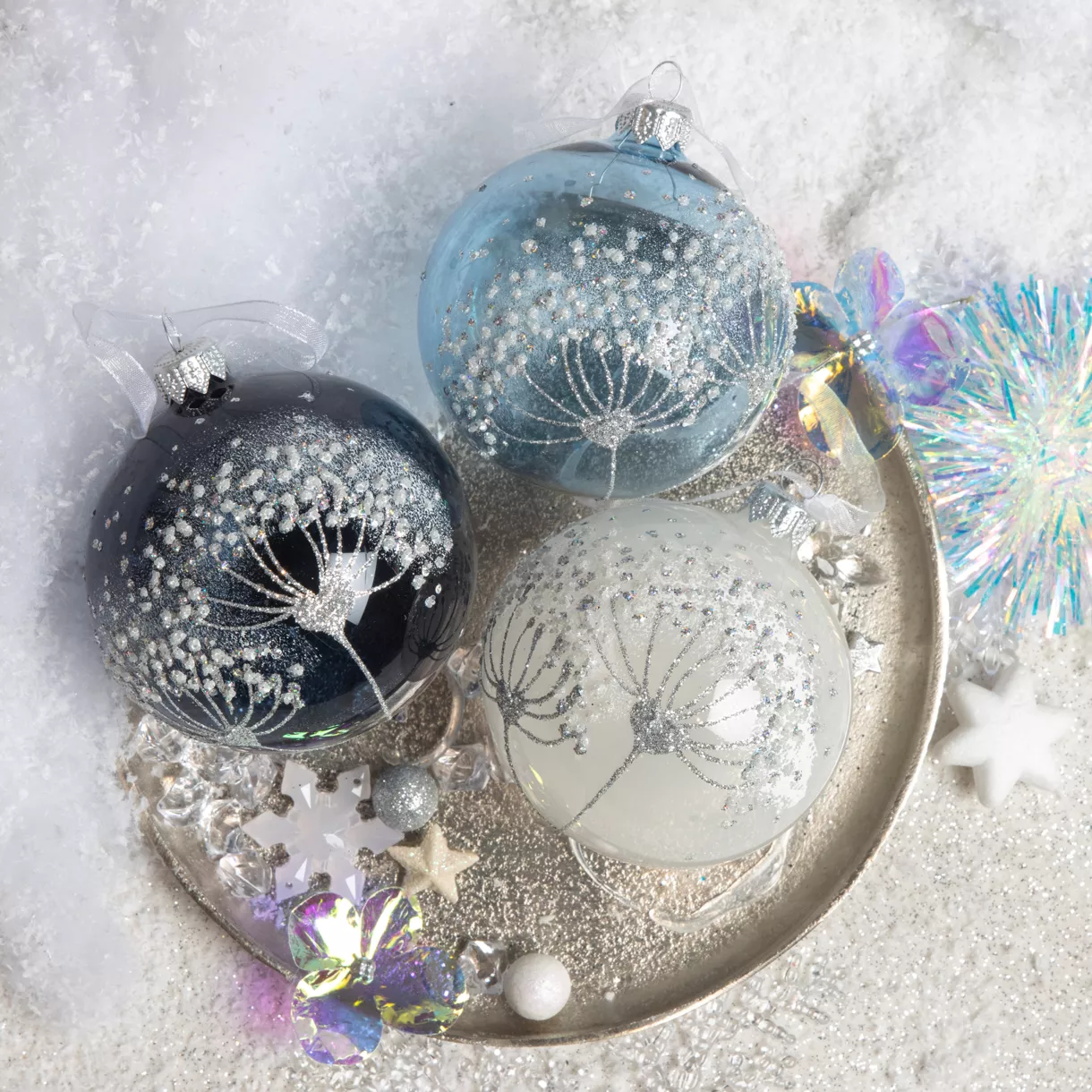 Lot de 6 boules de Noël en verre (D80 mm) Berce du Caucase Bleu
