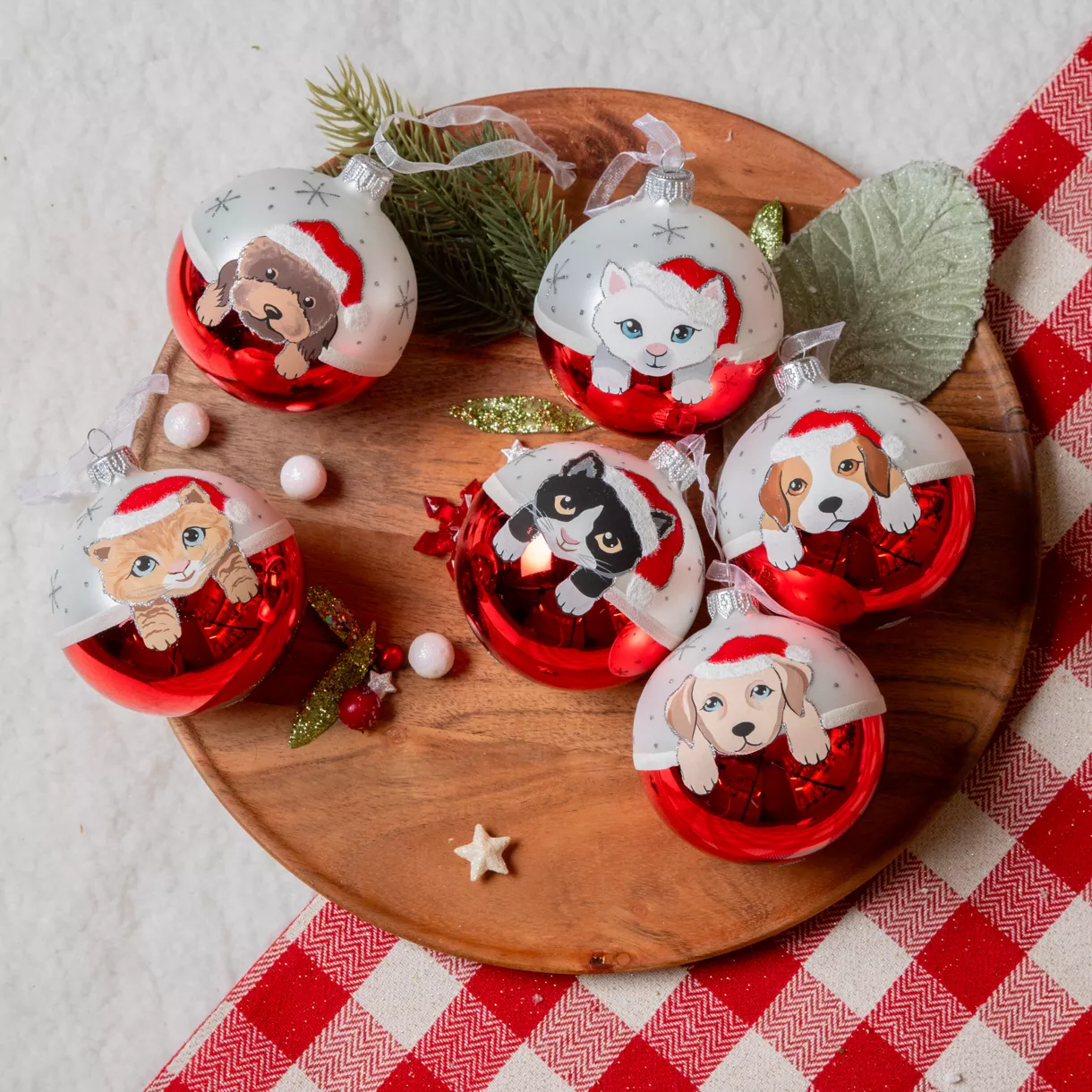 Lote de 6 bolas de Navidad de vidrio (D80 mm) Perros y Gatos