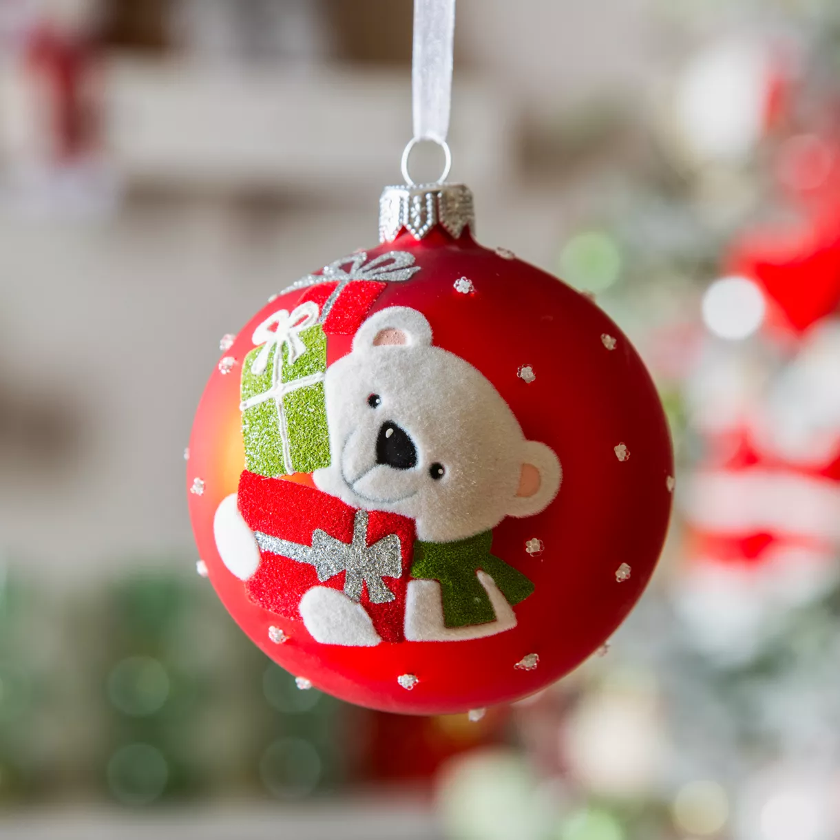 Lote de 6 bolas de Navidad de vidrio (D80 mm) Oso y regalos Rojo