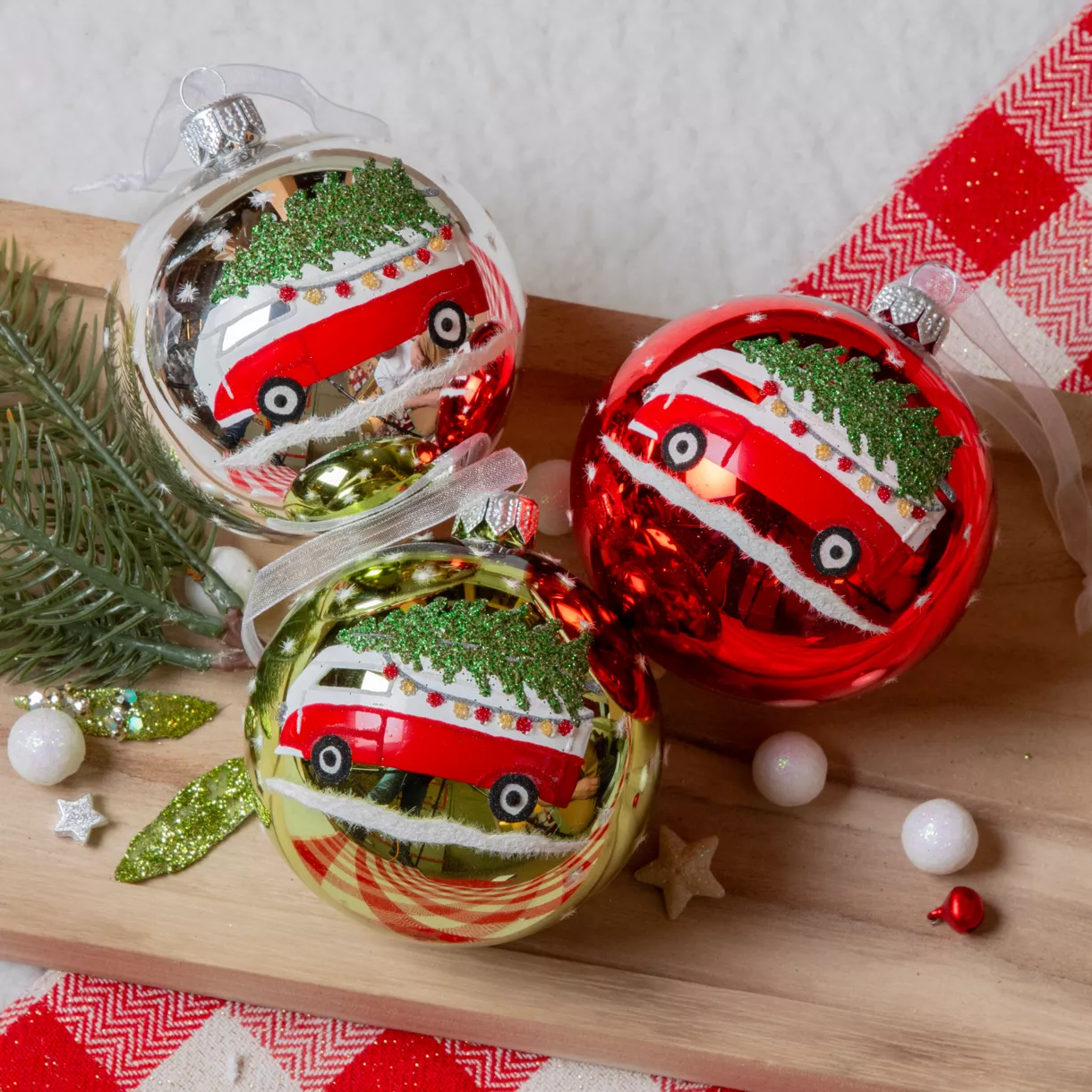 Lote de 6 bolas de Navidad de vidrio (D80 mm) Mini bus y Pinos
