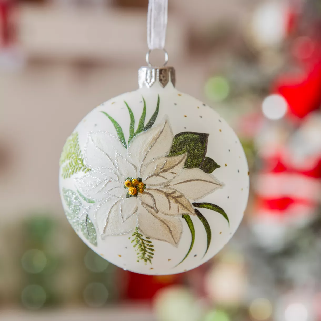 6er Set Weihnachtskugeln aus Glas (D80 mm) Winterweiß Poinsettia