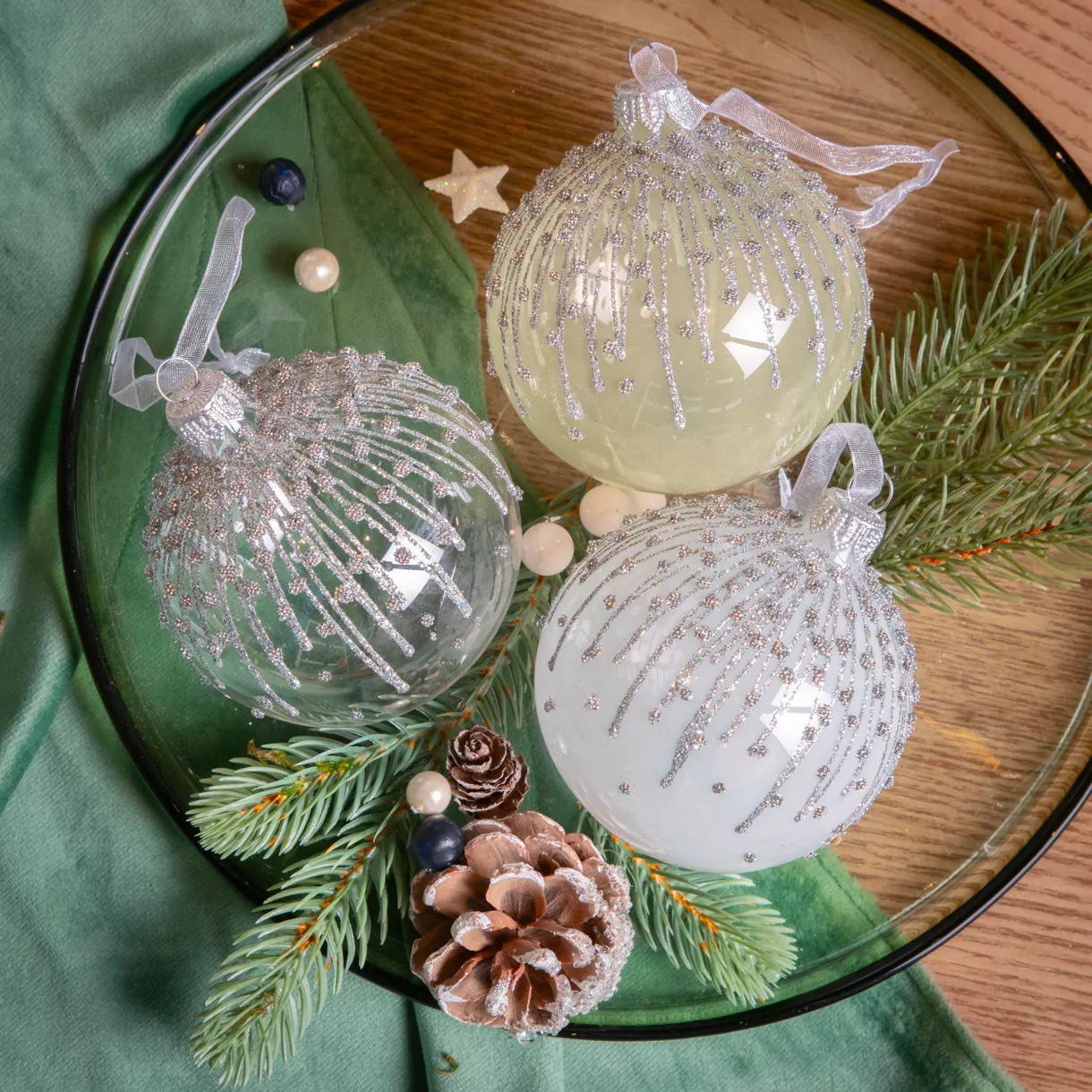 6er Set Weihnachtskugeln aus Glas (D80 mm) Givrées Winterweiß