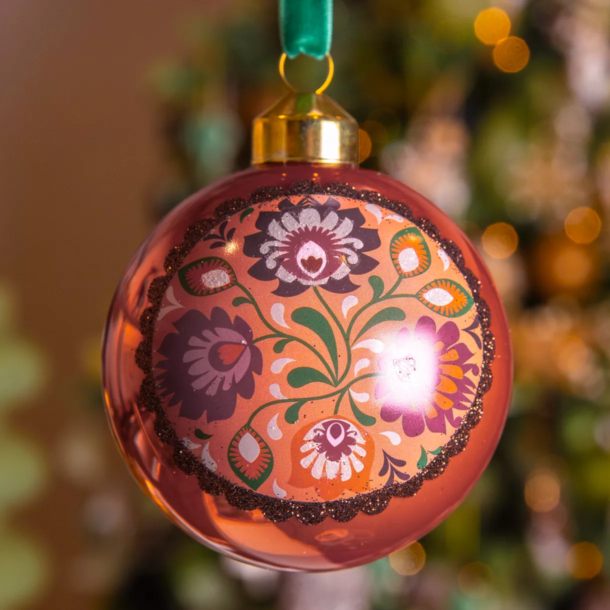 3er Set Weihnachtskugeln aus Glas (D80 mm) Bolchoï Blumig Altrosa