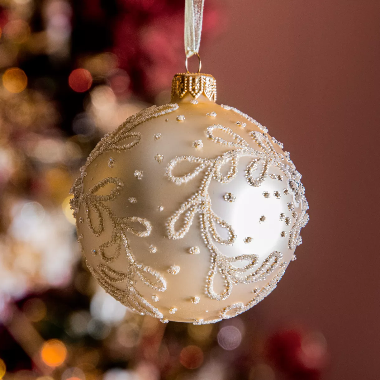 Set van 6 glazen kerstballen (D80 mm) Delicate Parel Bloemen