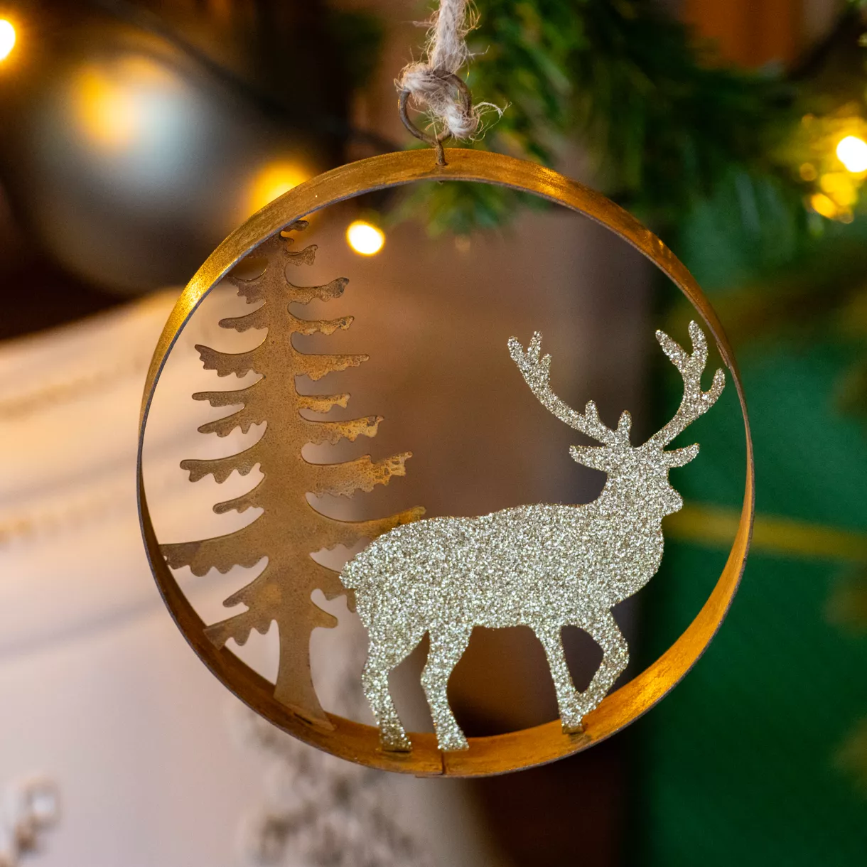 Suspension de Noël (D12 cm) Rennes des forêts Or pailleté