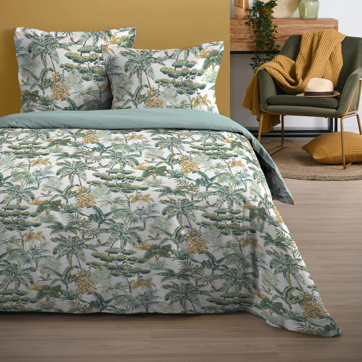 Housse de couette et deux taies coton (240 x 220 cm) Mafate Verte