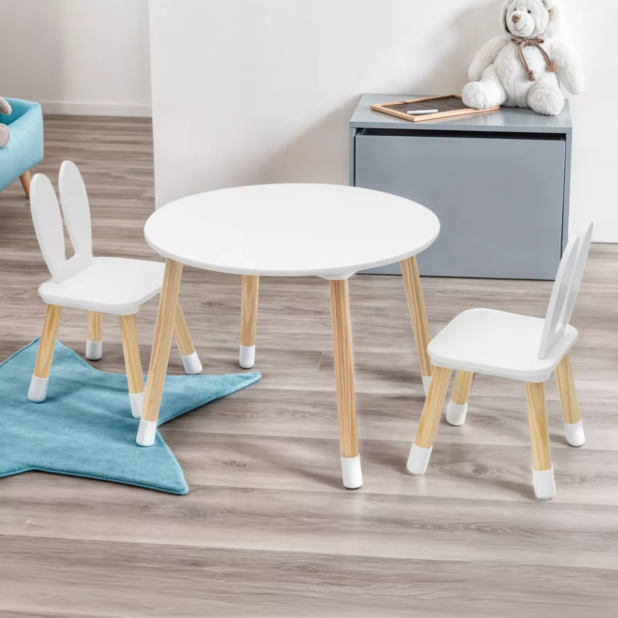 Mesa infantil y 2 sillas en madera de conejo (H44 cm) Lila Blanco 
