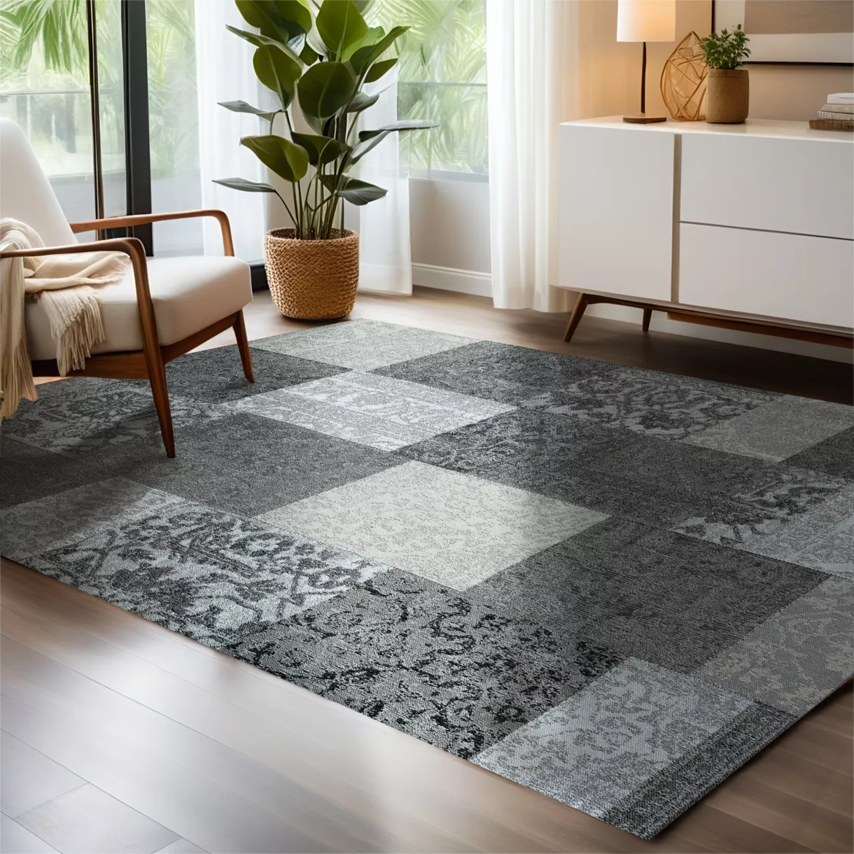 Alfombra rectangular de salón de jacquard (160 x 230 cm) Rishi Negro y Gris