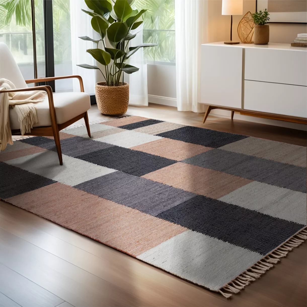Alfombra rectangular de salón de yute y algodón (140 x 200 cm) Freya Multicolor