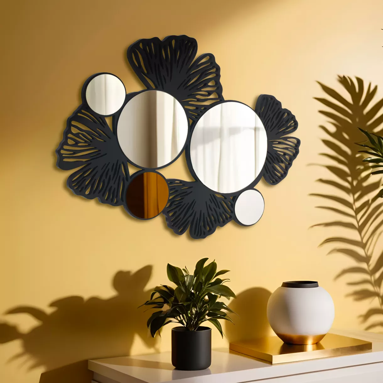 Spiegel en metalen wanddecoratie (77 cm) Ginkgo Zwart