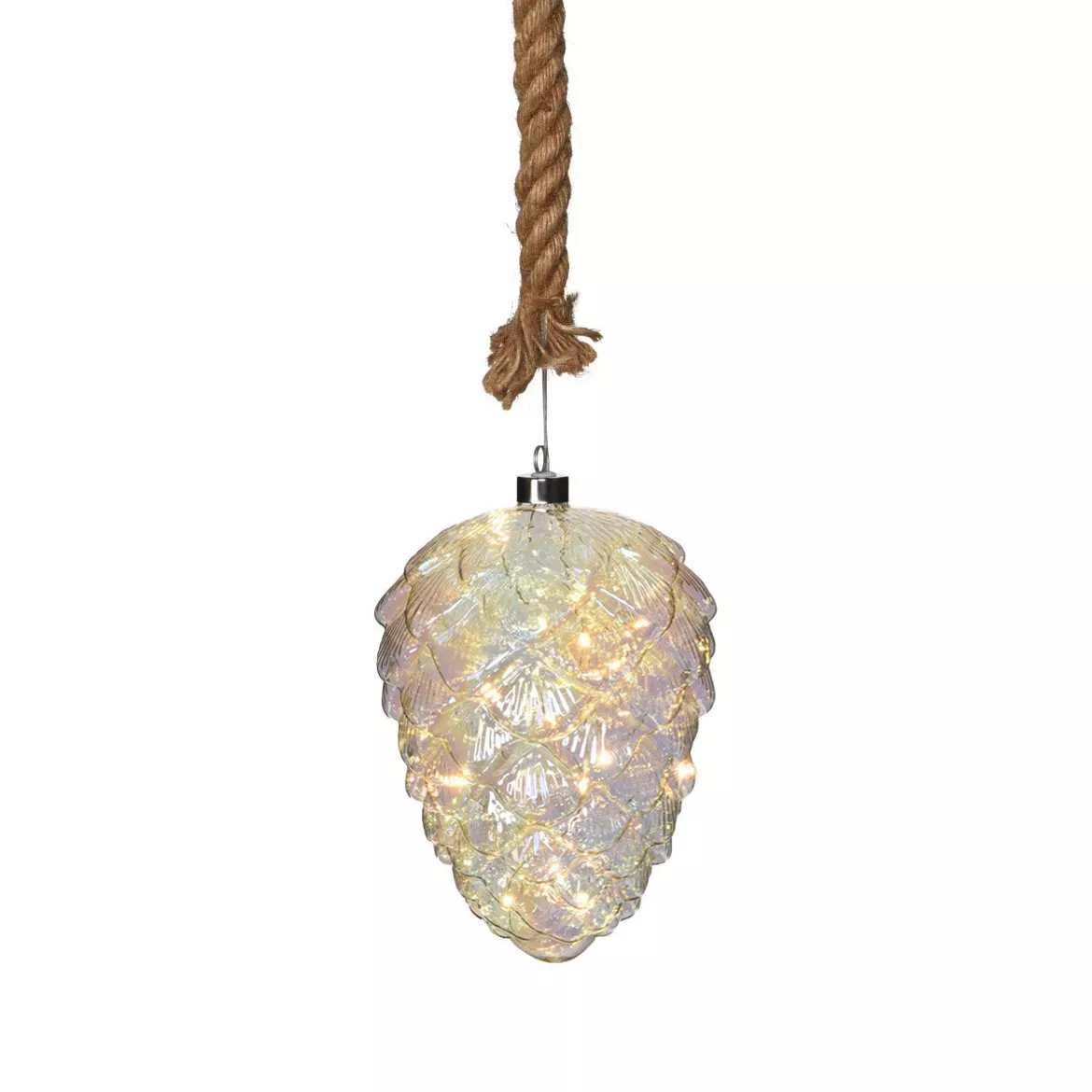 Pomme de pin lumineuse à piles (H16 cm) Verre Perle et Blanc chaud