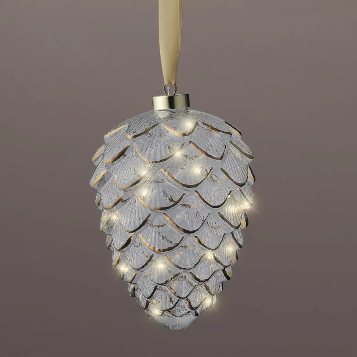 Beleuchteter Tannenzapfen aus Glas Batteriebetrieben15 LED (H21 cm) Vintage Gold/Warmweiß