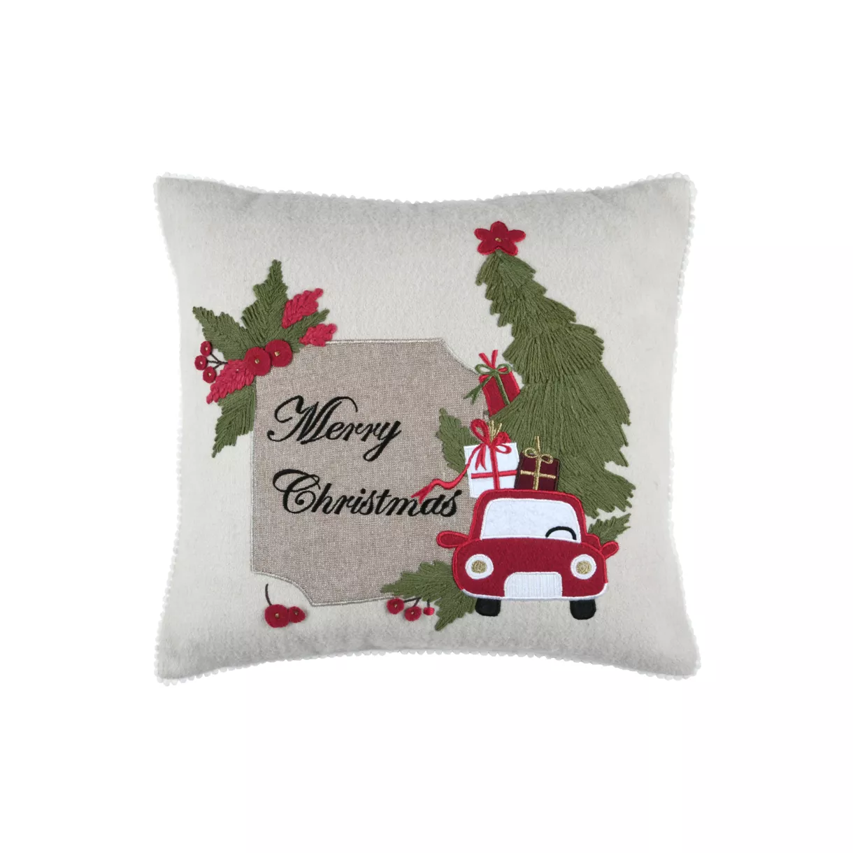 eminza Coussin de Noël brodé (45 x 45 cm) Vœux Merry Christmas Naturel