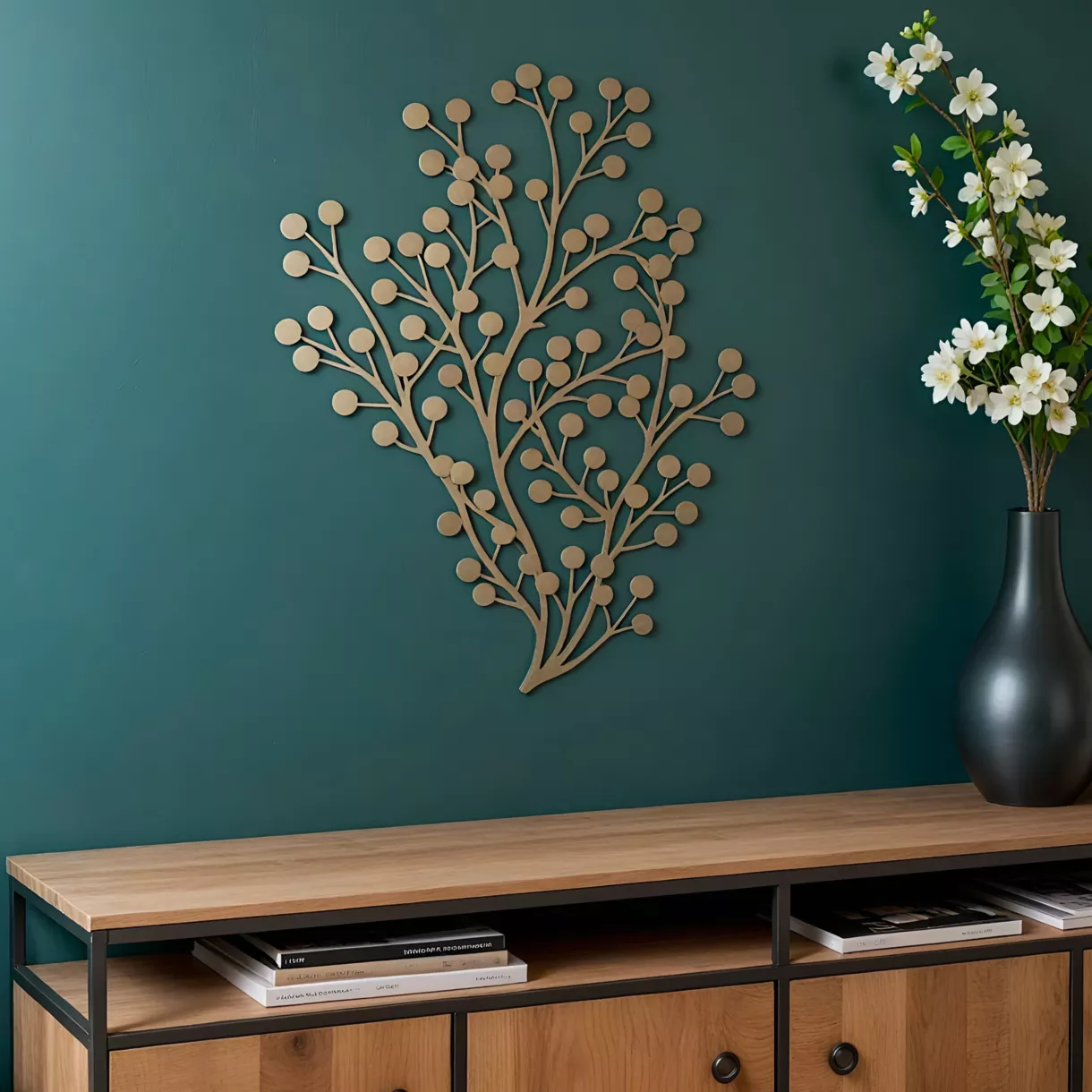 Metalen muurdecoratie (H80 cm) Sculptuur kleine bladeren Licht goud
