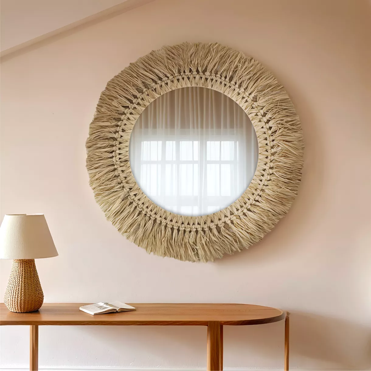 Ronde raphia muurspiegel (D50 cm) Makira Beige
