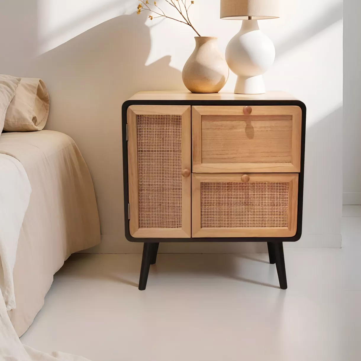 Nachtkastje hout en rattan (50 x H55 cm) Osaka Zwart en hout
