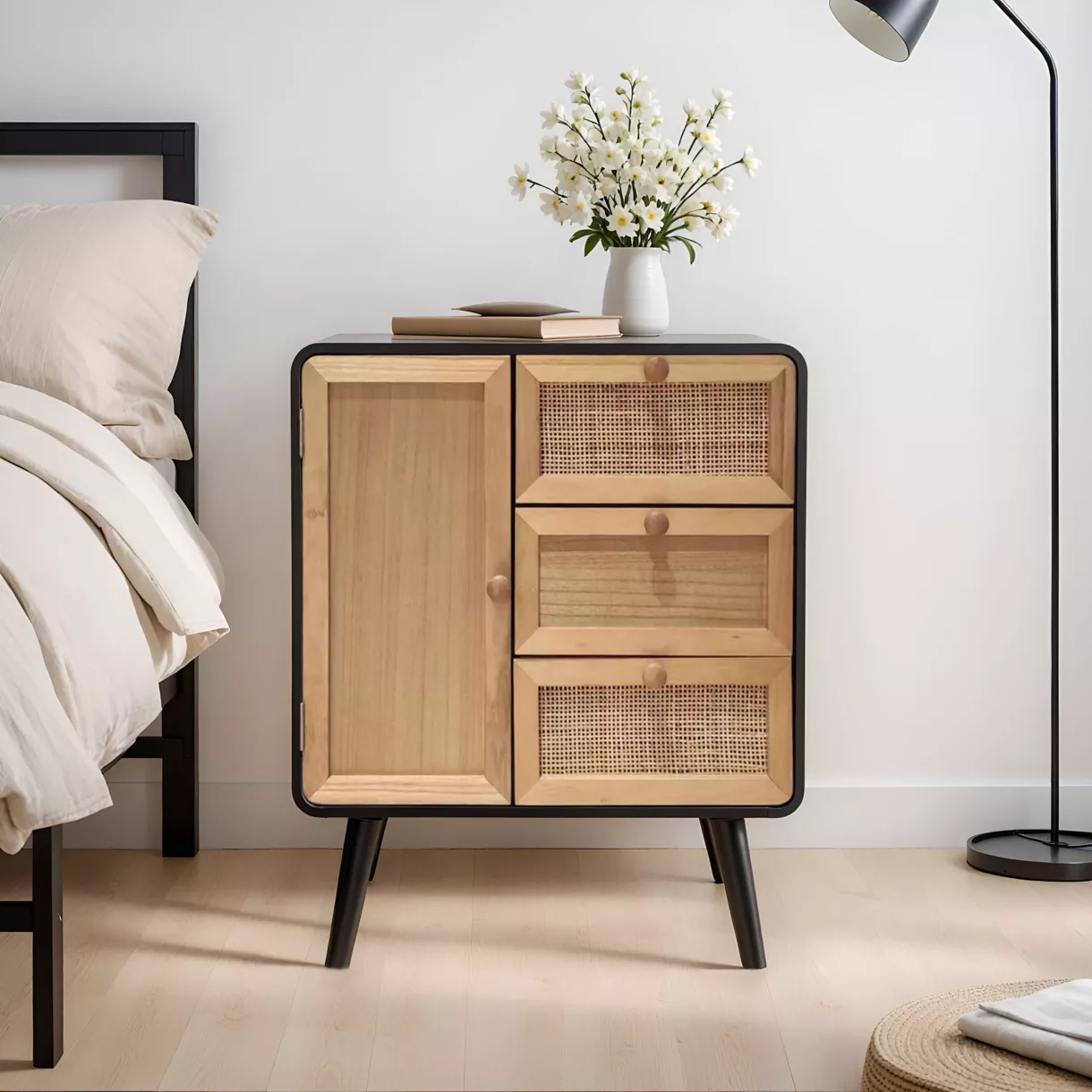 Mesa de apoyo madera con rejilla de ratán (A60 cm) Osaka Negra y madera