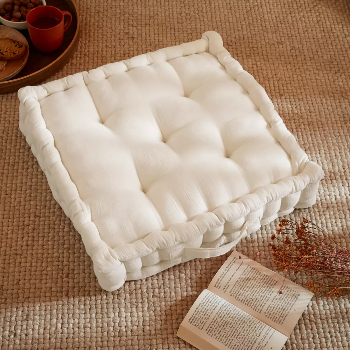 Coussin de sol gaze de coton (50 x 50 cm) Gaïa Beige pampa