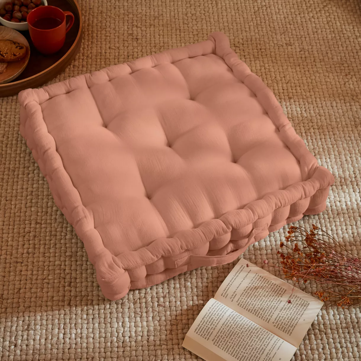 Coussin de sol gaze de coton (50 x 50 cm) Gaïa Rose pêche