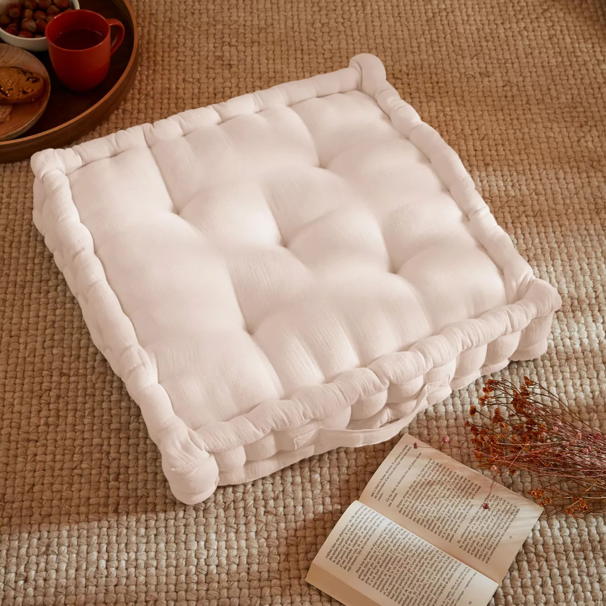 Coussin de sol gaze de coton (50 x 50 cm) Gaïa Rose poudré