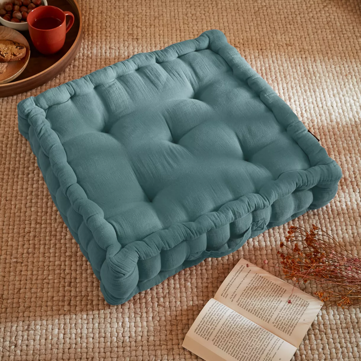 Coussin de sol gaze de coton (50 x 50 cm) Gaïa Bleu canard