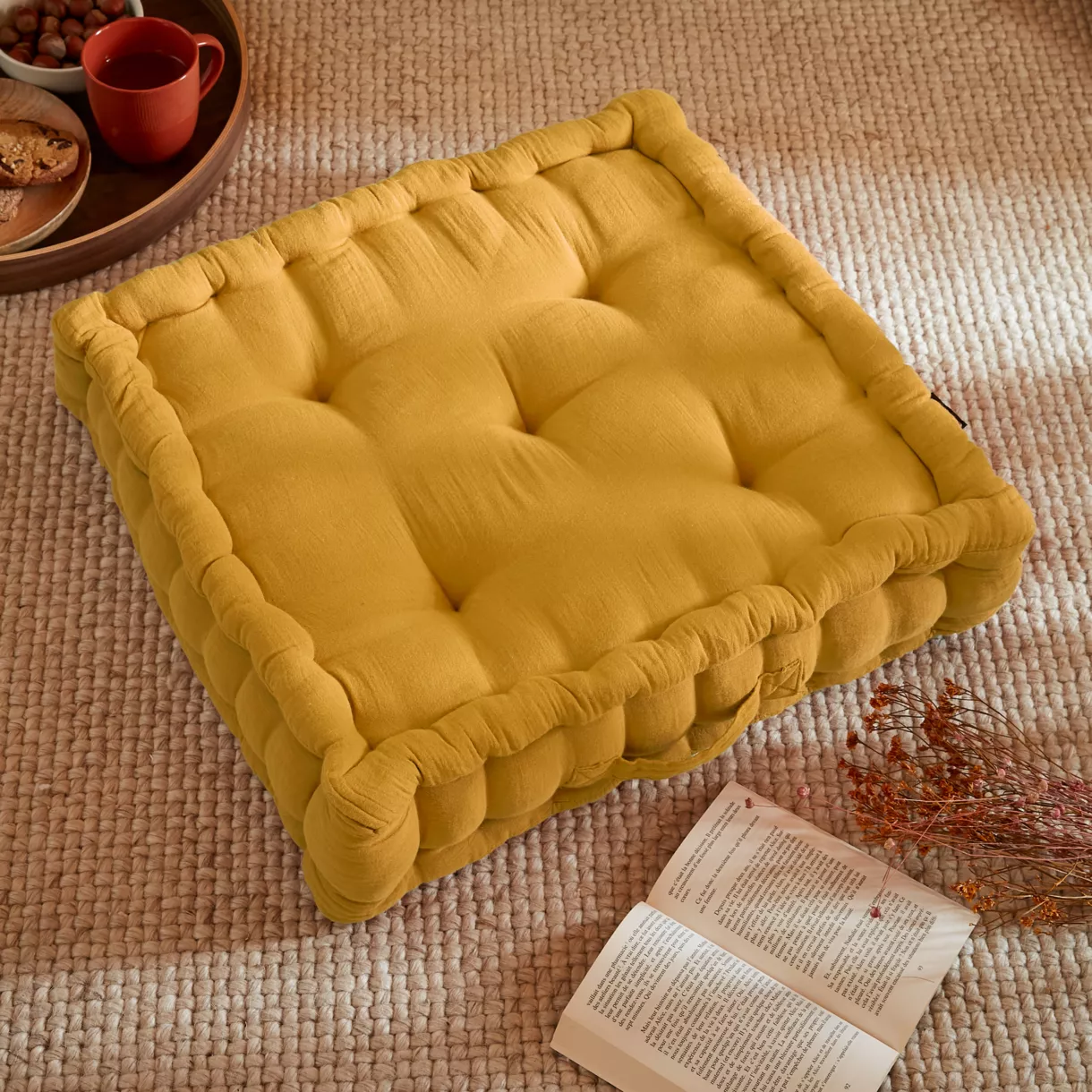 Coussin de sol gaze de coton (50 x 50 cm) Gaïa Jaune safran