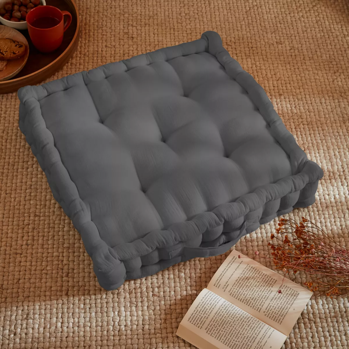 Coussin de sol gaze de coton (50 x 50 cm) Gaïa Gris granit