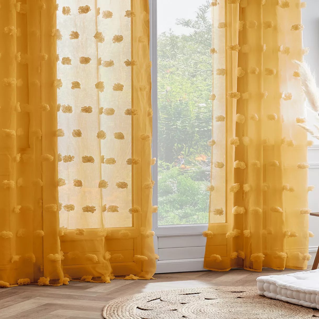 Voilage oeillets pompons (140 x 240 cm) Suzie Jaune moutarde