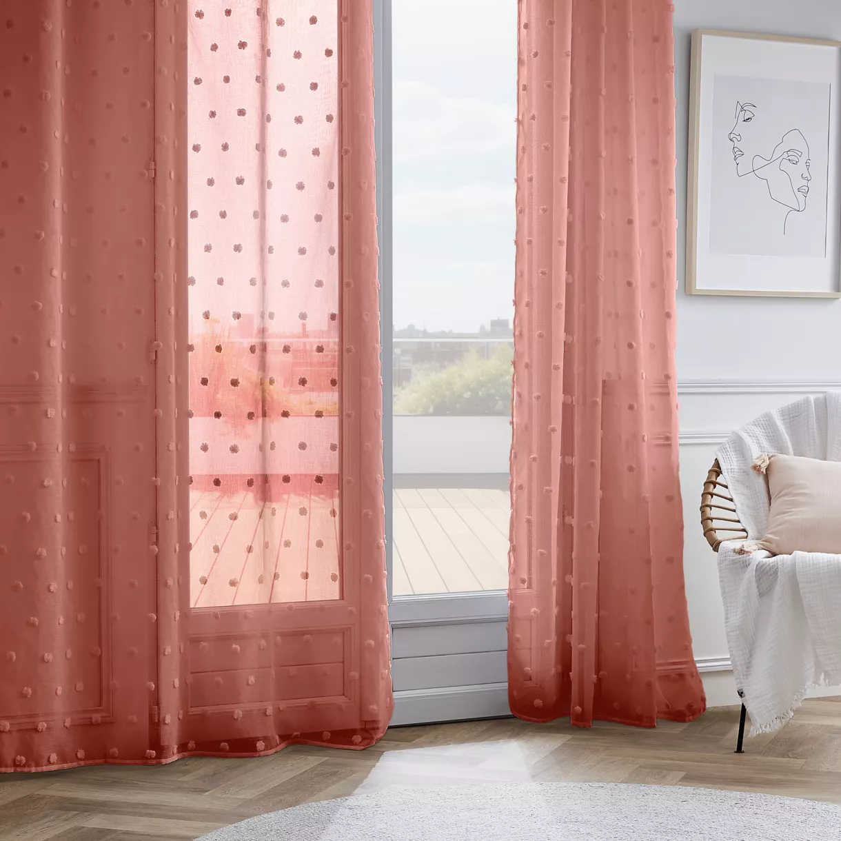 Voilage oeillets pompons (140 x 280 cm) Emie Terracotta