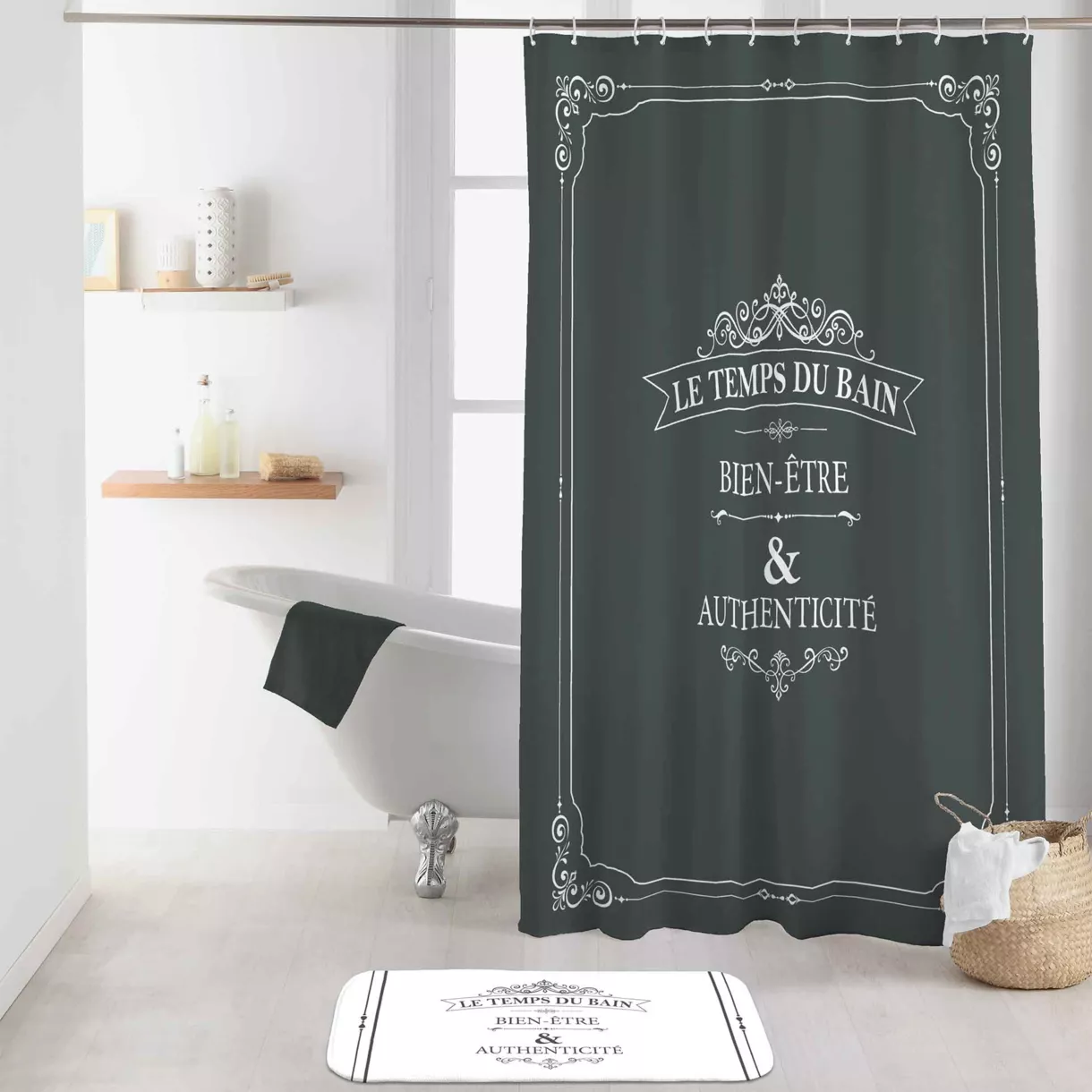Douchegordijn met ringen (180 x 200 cm) Vintage Grijs
