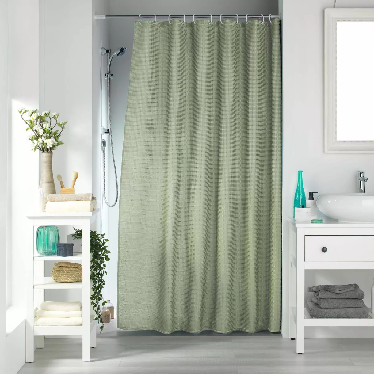 Rideau de Douche avec Crochets (180 x 200 cm) Quartz Sauge, Jacquard Uni