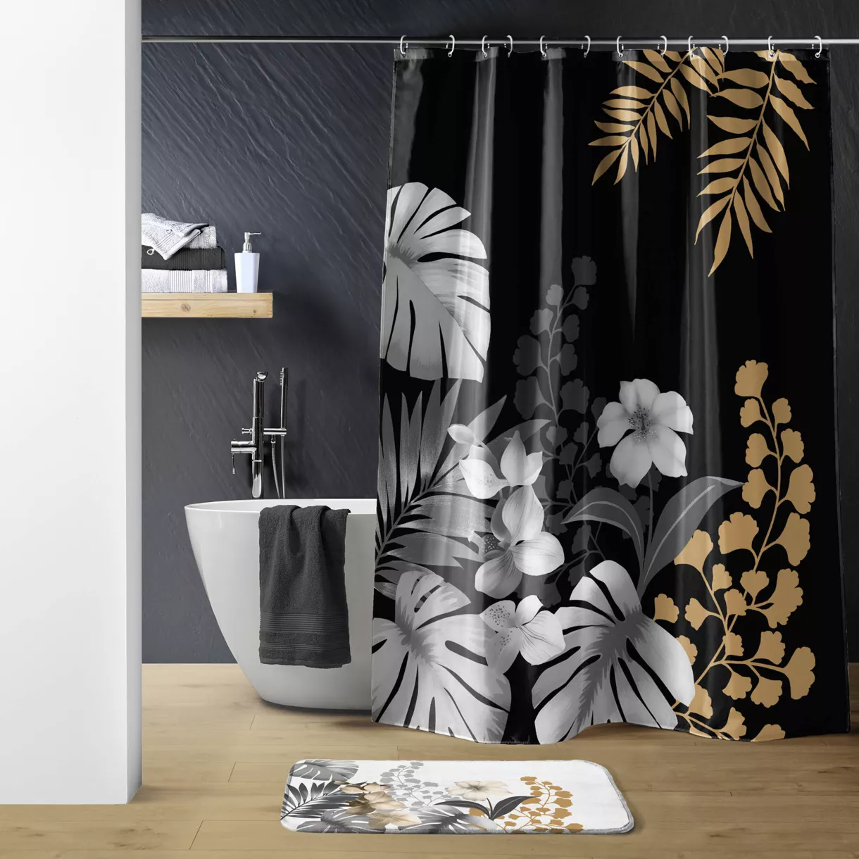 Douchegordijn met ringen (180 x 200 cm) Kelly Zwart