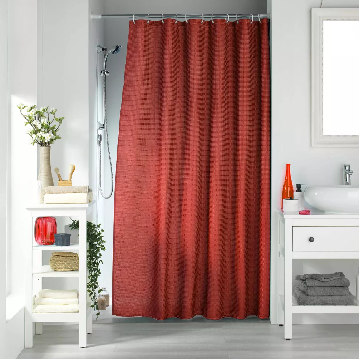 Rideau de Douche avec Crochets (180 x 200 cm) Quartz Terracotta, Jacquard