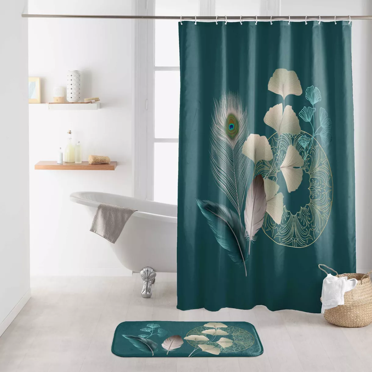 Rideau de Douche avec Crochets (180 x 200 cm) Ginkoblue, Polyester ImprimŽ