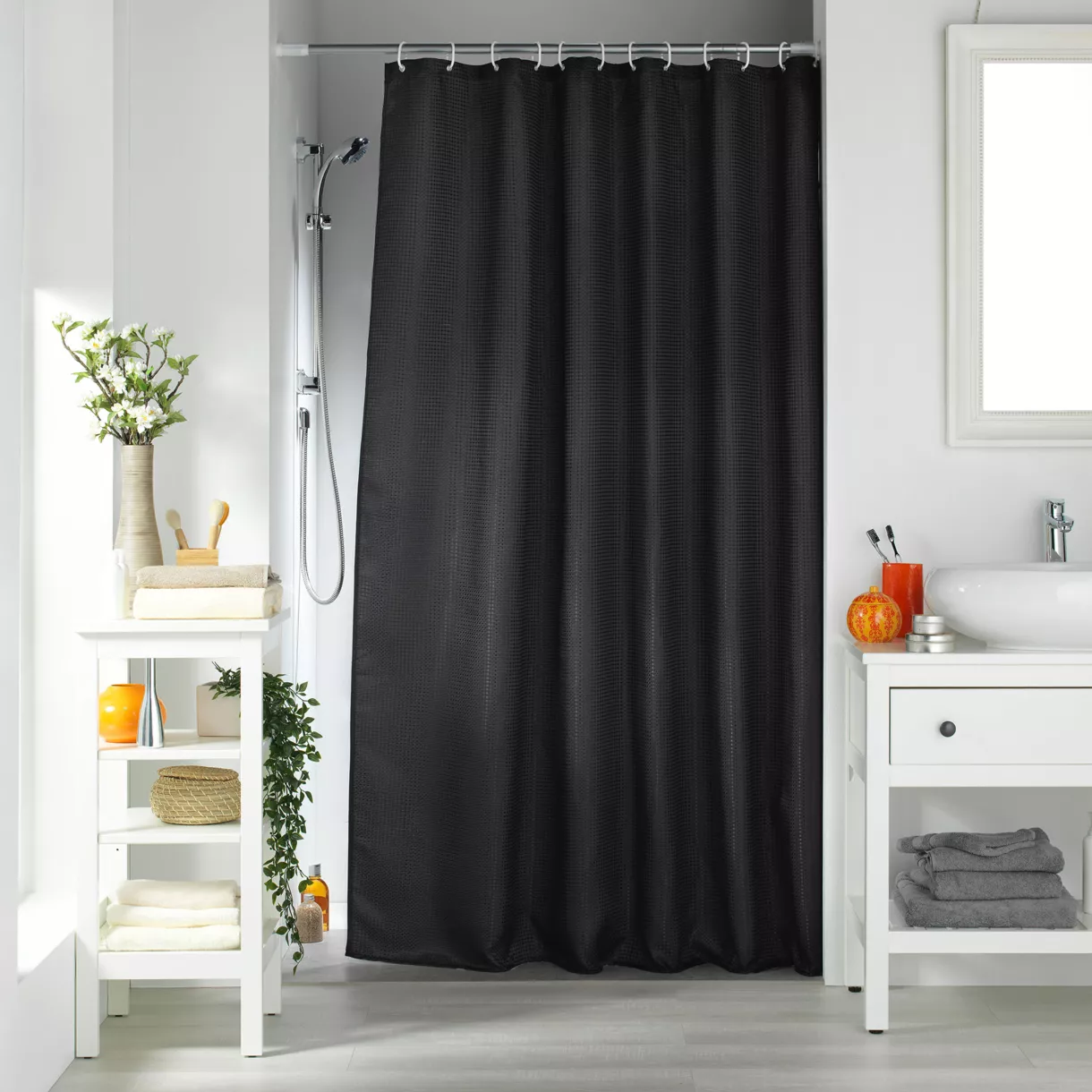 Rideau de Douche avec Crochets (180 x 200 cm) Quartz Noir, Jacquard