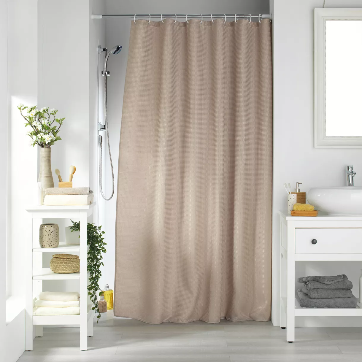 Geweven douchegordijn met ringen (180 x 200 cm) Quartz Taupe