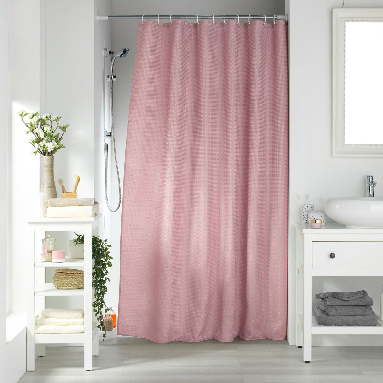 Rideau de Douche avec Crochets (180 x 200 cm) Quartz Rose Poudre, Jacquard