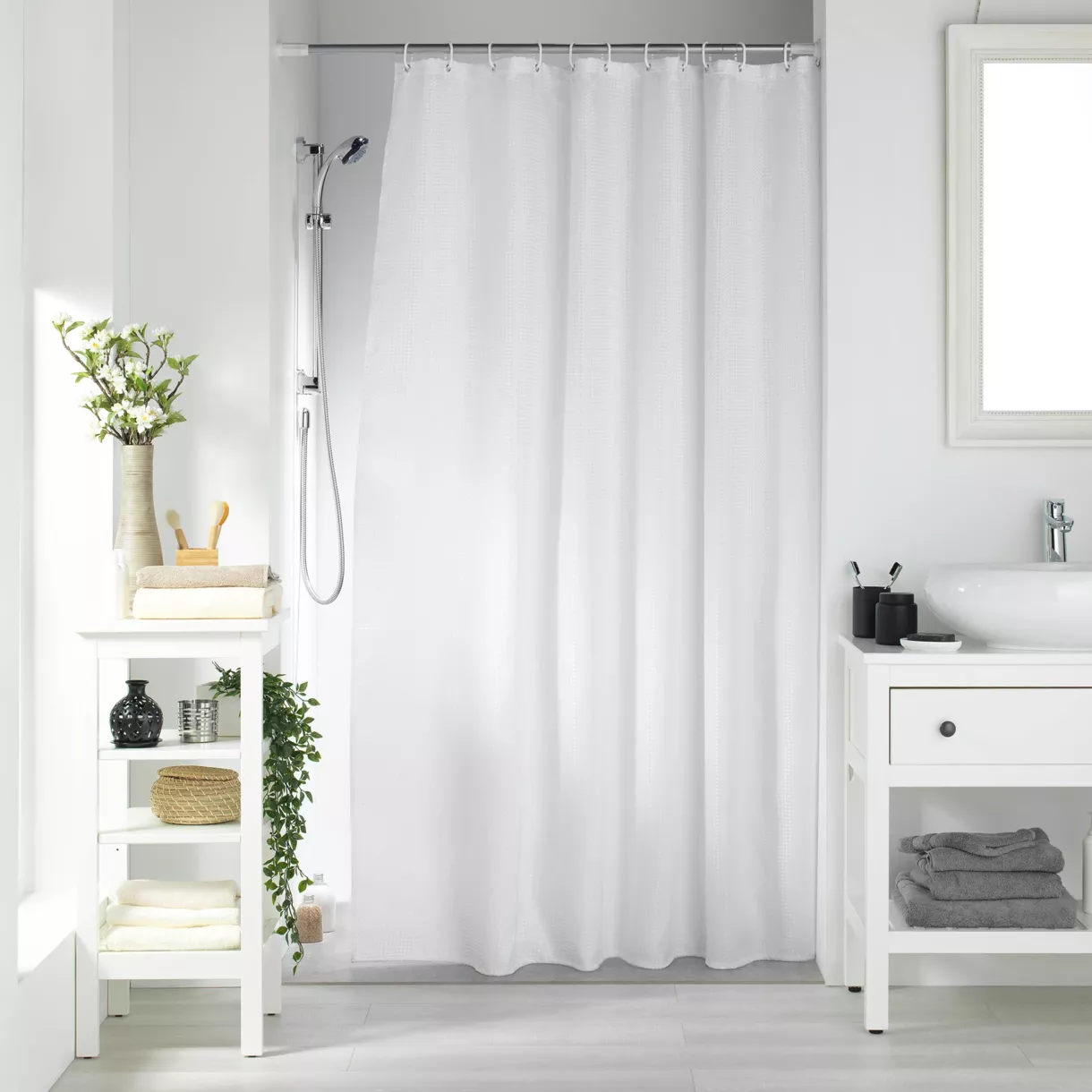 Rideau de Douche avec Crochets (180 x 200 cm) Quartz Blanc, Jacquard