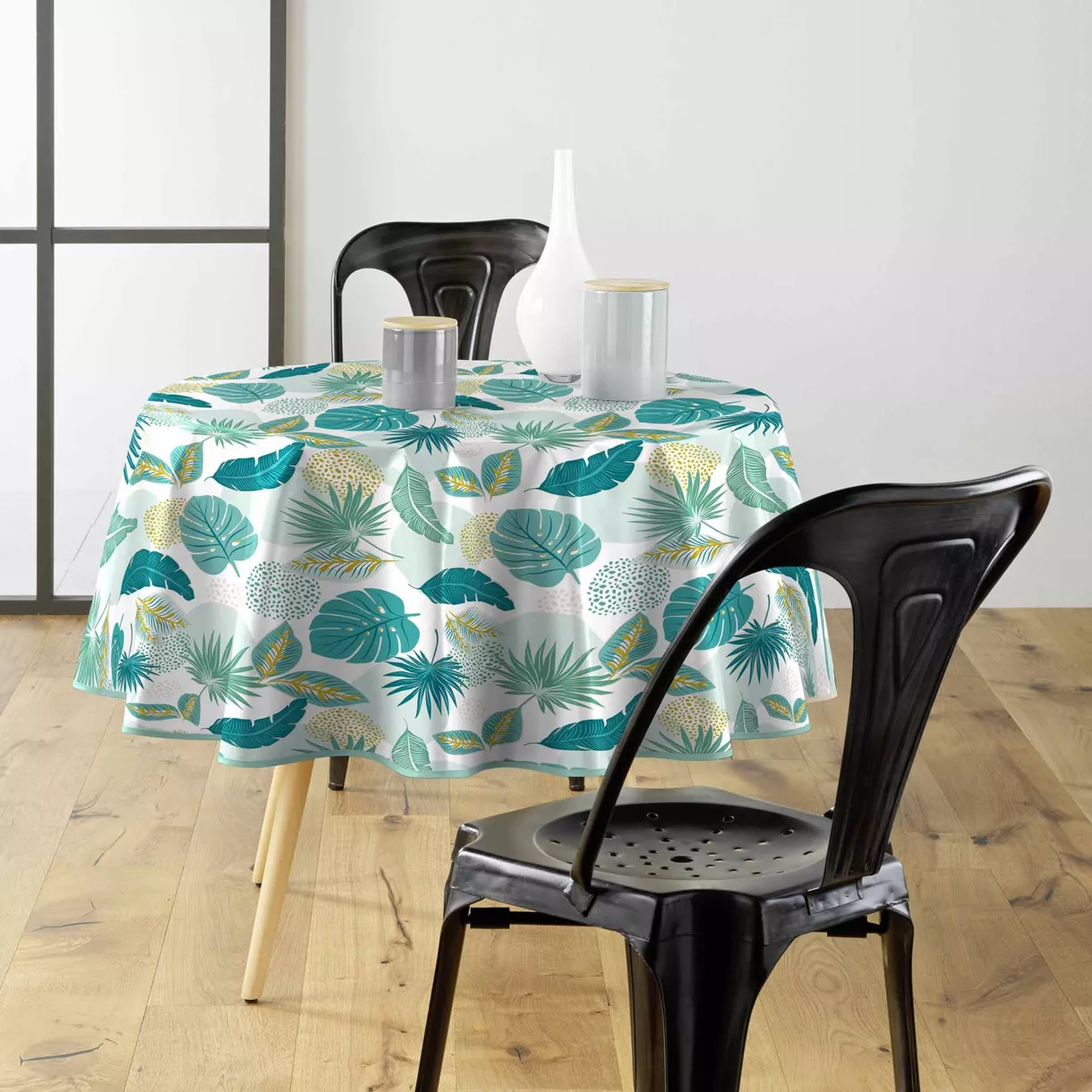 Fleckabweisende runde Tischdecke Stoff PVC wasserdicht (D160 cm) Plantania Blau