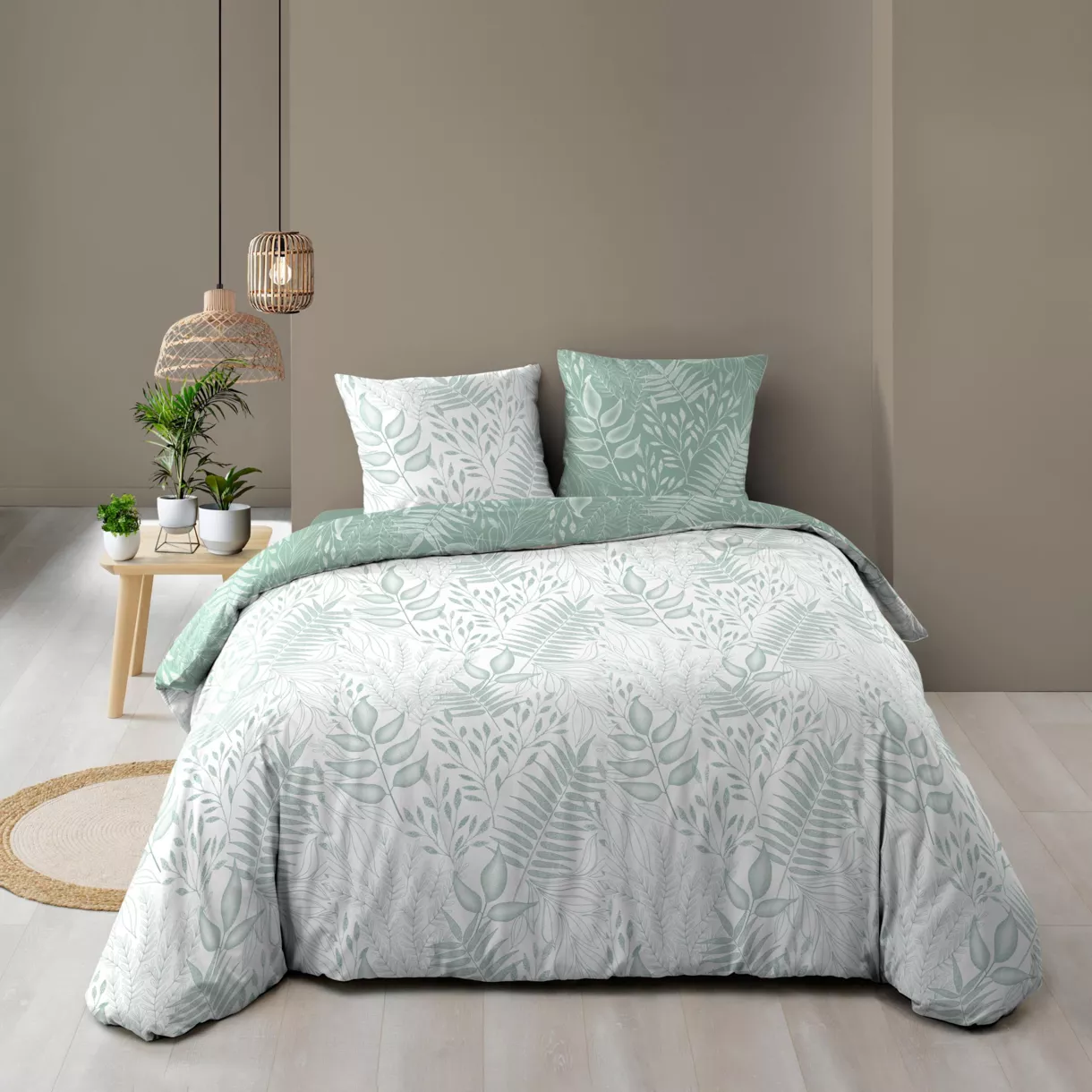 Funda nórdica y dos fundas de almohada de tela de algodón (240 x 220 cm) Cassia Verde salvia