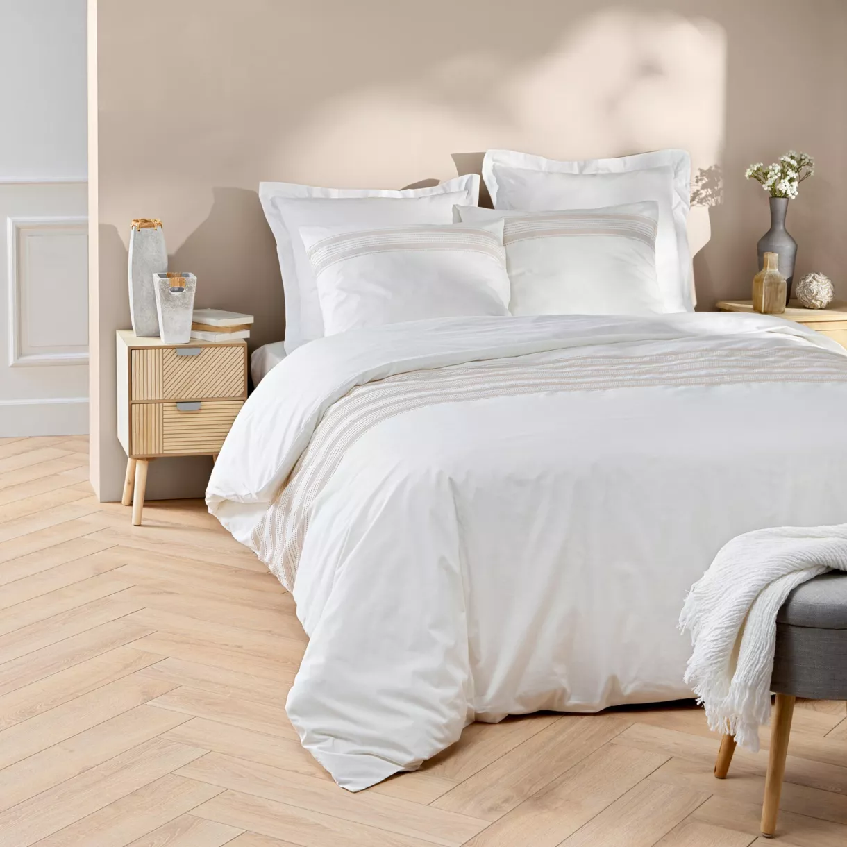 Funda nórdica y dos fundas de almohada de tela de algodón (240 x 220 cm) Opéra Blanco