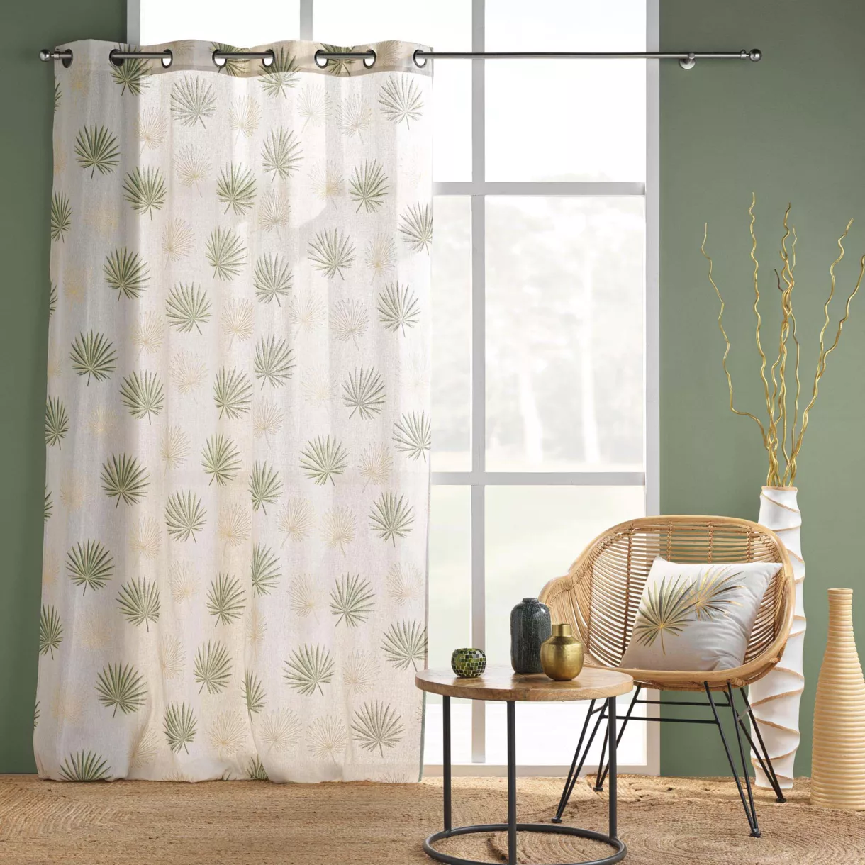 Rideau ˆ Oeillets (140 x 240 cm) Lotus Vert, Polycoton ImprimŽ MŽtallisŽ