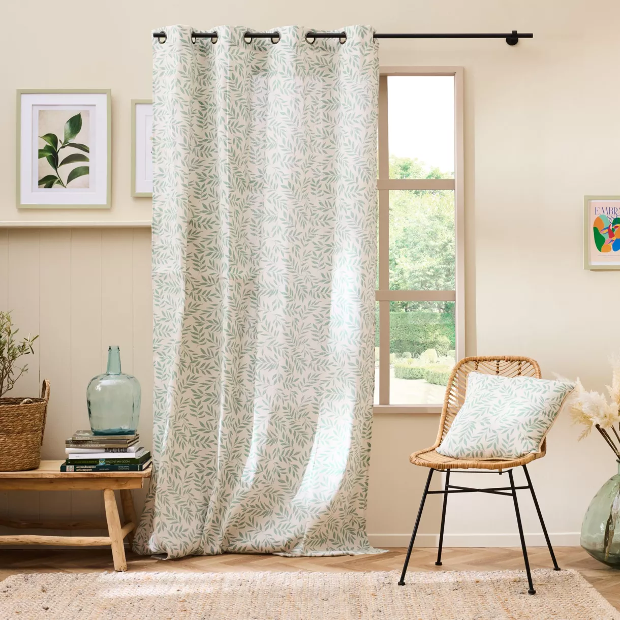 Rideau ˆ Oeillets (140 x 240 cm) Naya Sauge, Polycoton ImprimŽ