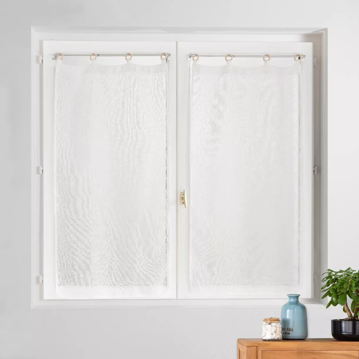Par de visillos tejidos con ojales de madera (60 x 160 cm) Minalisa Blanco