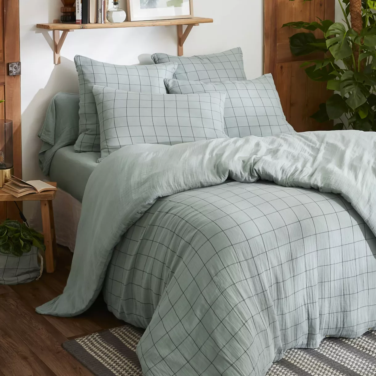 EM - Housse de couette rŽversible 200 x 200 cm Gaze de coton tissŽe teinte GAìA MATCH Eucalyptus