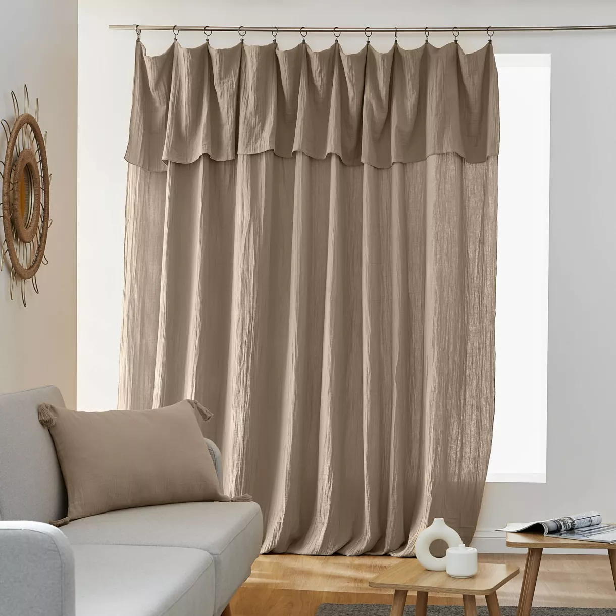 EM - Rideau ajustable + 16 anneaux pince 280 x 300 cm Gaze de coton unie GAìA Ficelle