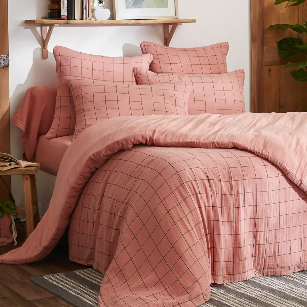 EM - Housse de couette rŽversible 140 x 200 cm Gaze de coton tissŽe teinte GAìA MATCH Rose pche